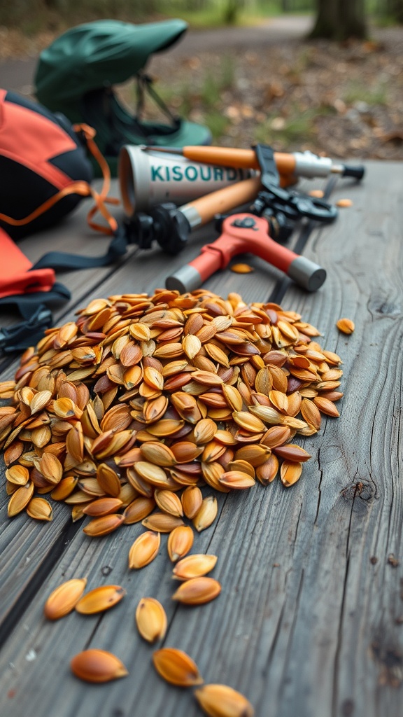 A pile of pumpkin seeds on a wooden table, surrounded by hiking gear.