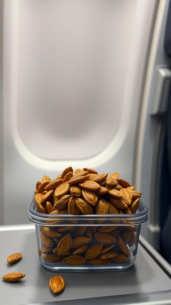 A container filled with seasoned pumpkin seeds on an airplane tray