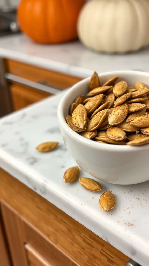 A bowl of spiced pumpkin seeds on a kitchen counter.