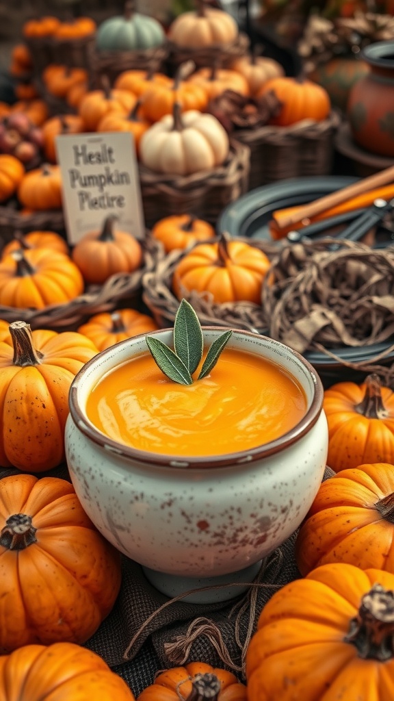 A bowl of creamy pumpkin soup garnished with sage, surrounded by pumpkins.