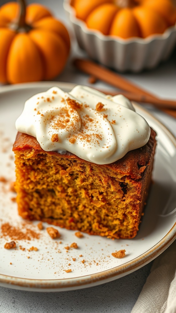 A slice of pumpkin spice bread topped with cream and a sprinkle of cinnamon, surrounded by small pumpkins.