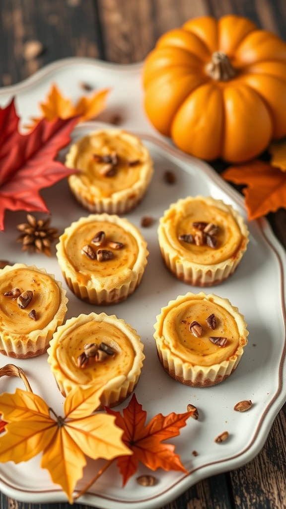 A plate of small pumpkin spice cheesecake bites garnished with nuts and surrounded by autumn leaves and a pumpkin.