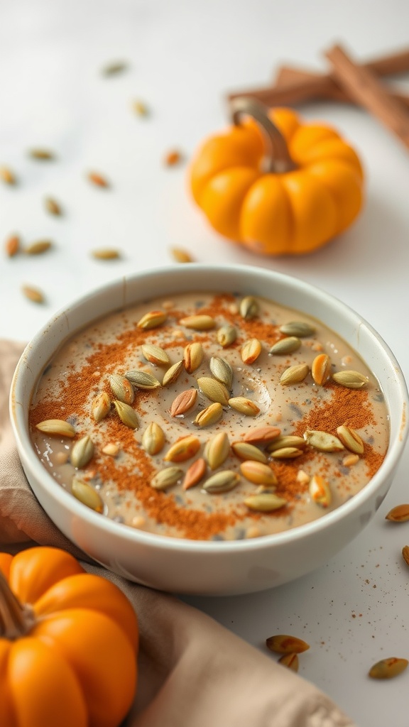 A bowl of pumpkin spice chia pudding topped with seeds, surrounded by small pumpkins.