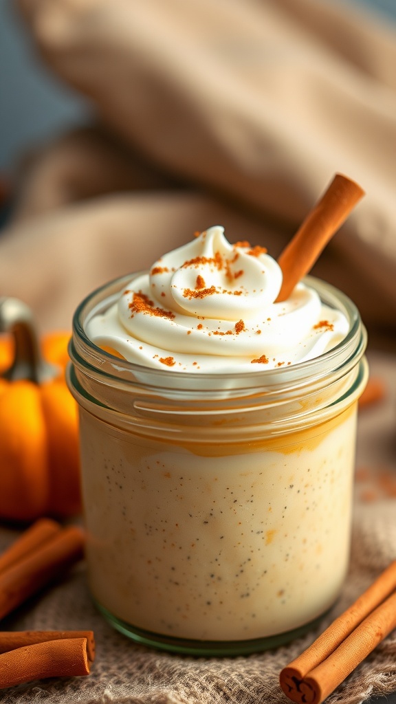 A jar of pumpkin spice chia pudding topped with whipped cream and cinnamon, with pumpkins in the background.