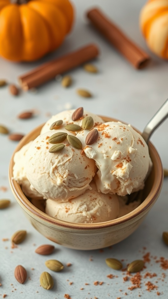 A bowl of pumpkin spice coconut ice cream topped with seeds and surrounded by pumpkins and cinnamon sticks.