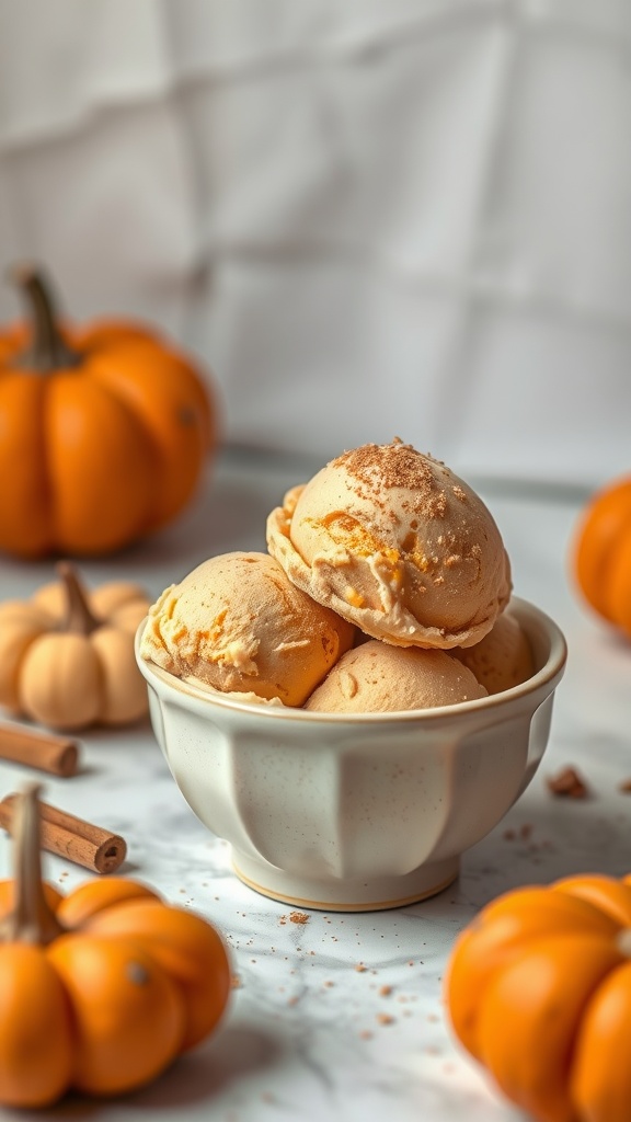 Bowl of pumpkin spice ice cream surrounded by small pumpkins and cinnamon sticks.