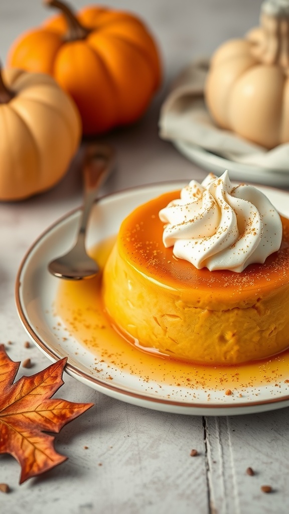 A golden pumpkin spice flan topped with whipped cream, surrounded by small pumpkins and fall leaves.