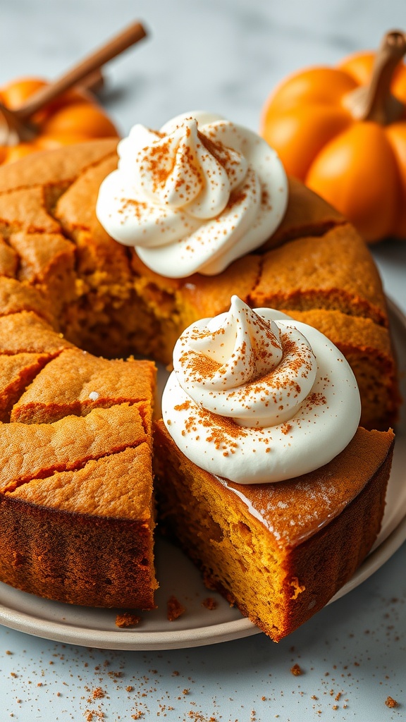 A delicious pumpkin spice keto cake with cream cheese frosting and a sprinkle of cinnamon.