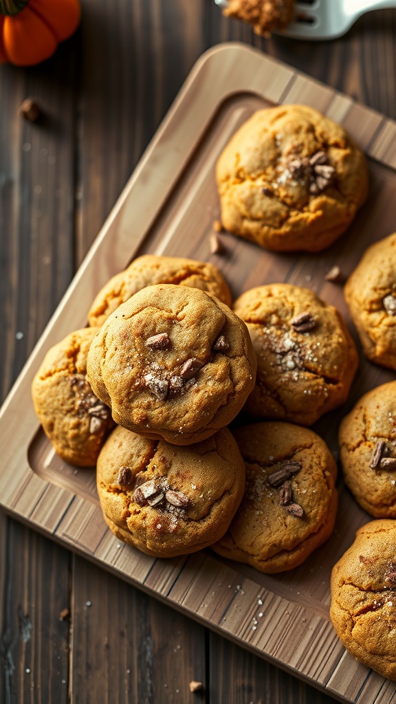 A platter of pumpkin spice keto cookies with a rustic wood background.