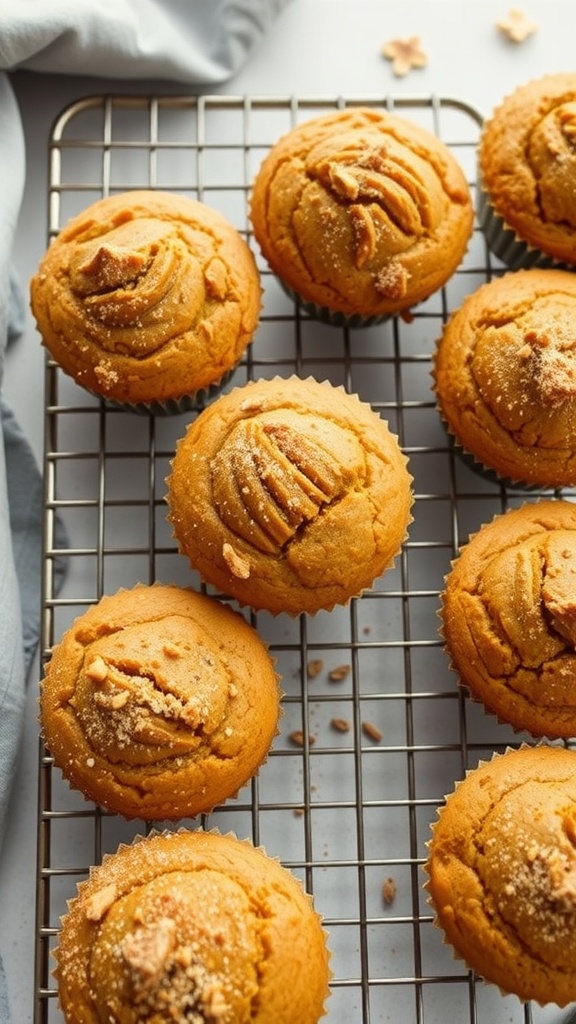 Warm pumpkin spice muffins cooling on a wire rack, topped with a sprinkle of sugar and nuts.