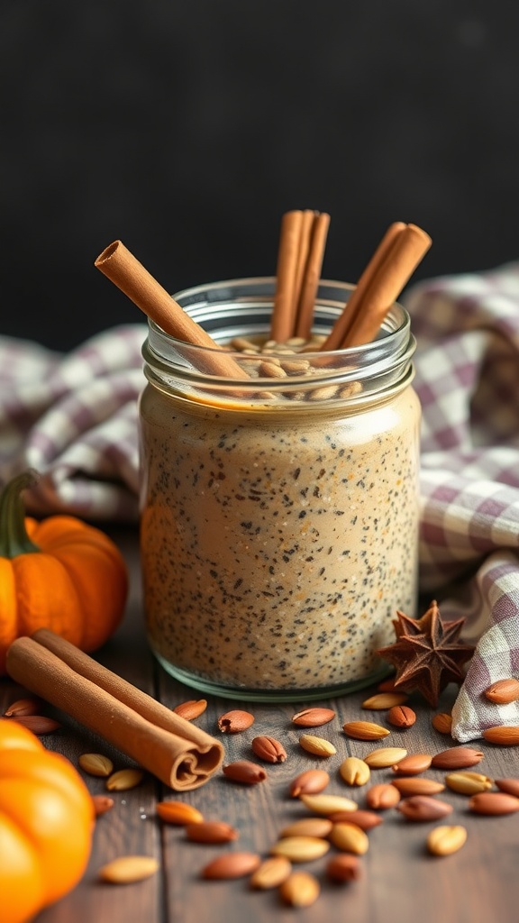 A jar of pumpkin spice overnight chia pudding with cinnamon sticks and nuts, surrounded by small pumpkins.