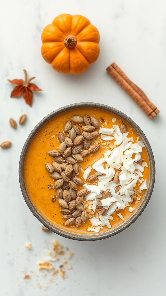 A pumpkin spice smoothie bowl topped with pumpkin seeds and shredded coconut, with a small pumpkin and cinnamon sticks in the background.