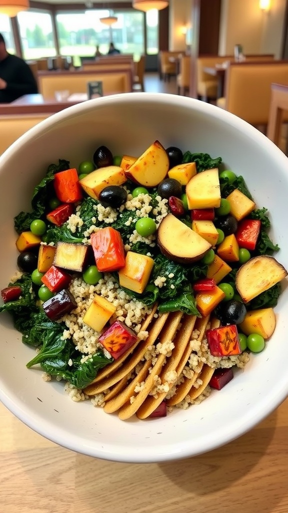 A bowl of quinoa and kale topped with colorful vegetables.