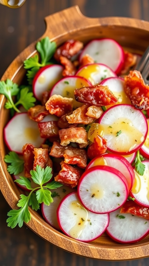 A bowl of radish and bacon salad with fresh herbs.