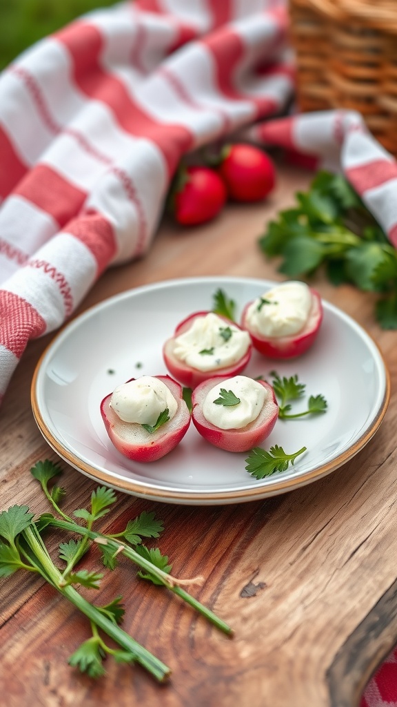 A plate with halved radishes filled with cream cheese, garnished with herbs, on a wooden surface.