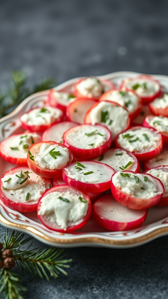 A platter of radish halves filled with cream cheese and topped with chives.