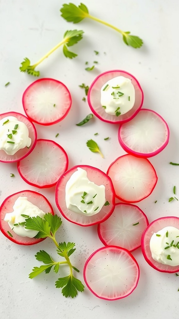 Radish slices topped with cream cheese and garnished with herbs