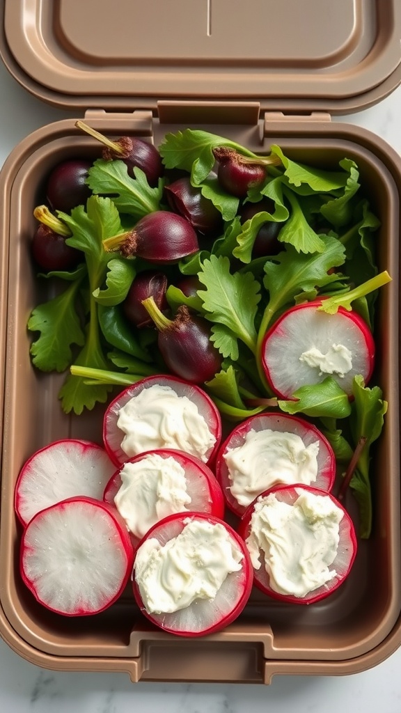 Radish and cream cheese roll-ups with leafy greens and small fruits in a lunch box