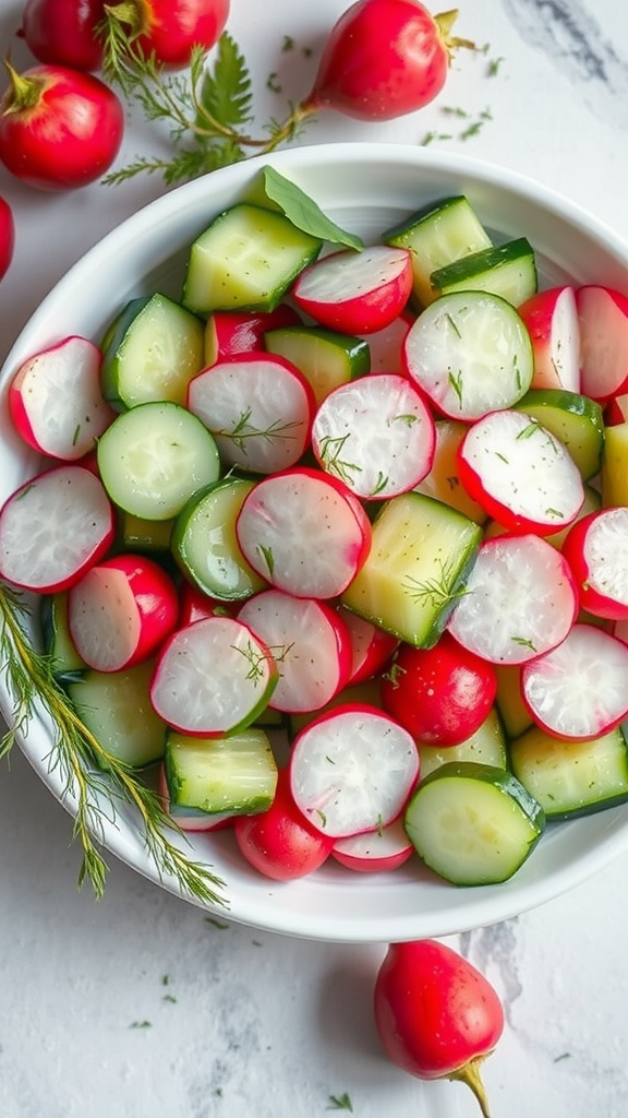 A bowl of radish and cucumber salad garnished with dill.