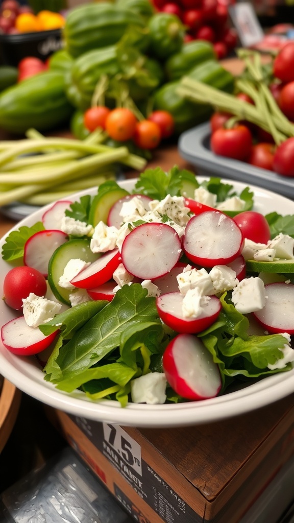 A bowl of radish and cucumber salad topped with feta cheese.