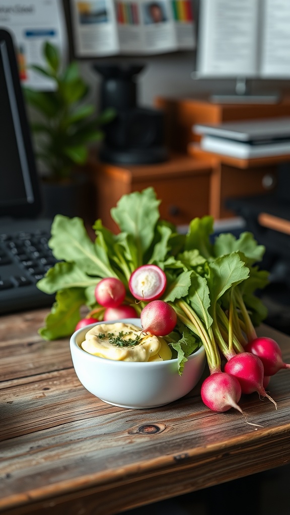 A bowl of herb butter surrounded by fresh radishes on a desk.