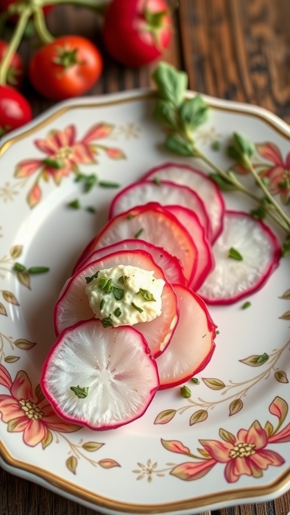 Sliced radishes topped with herb butter on a decorative plate