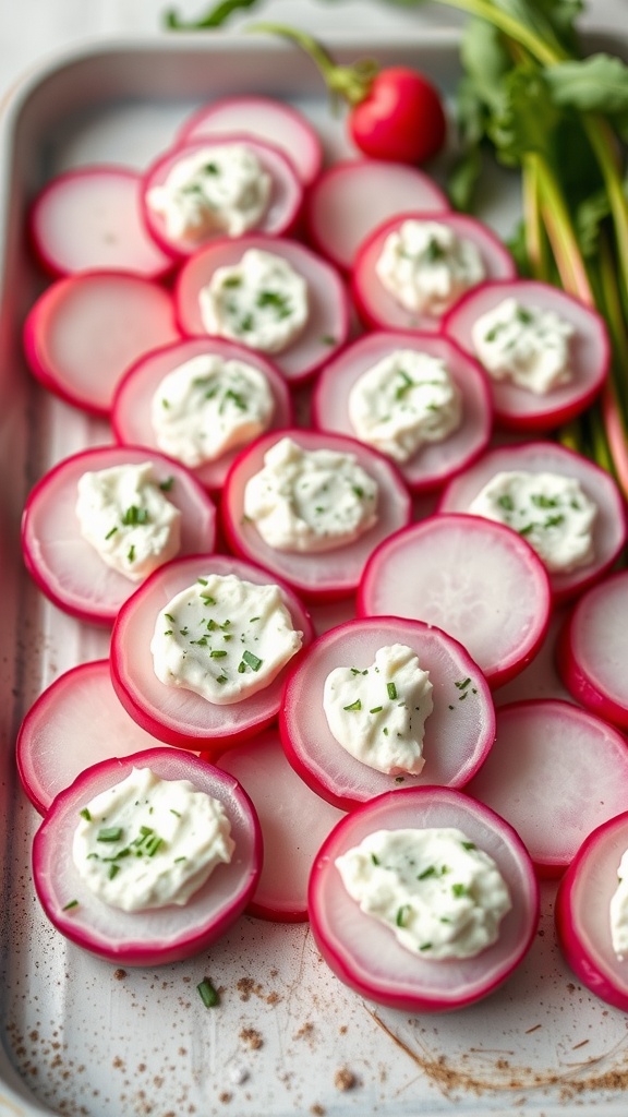 Plate of radish slices topped with herb cream cheese.