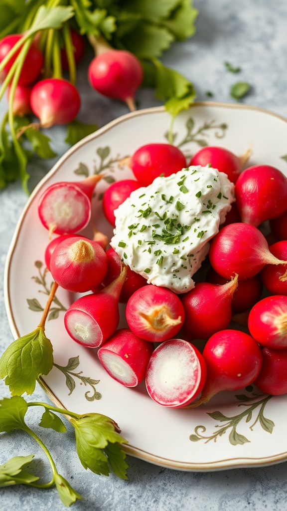 A plate of radishes filled with herb cream cheese.