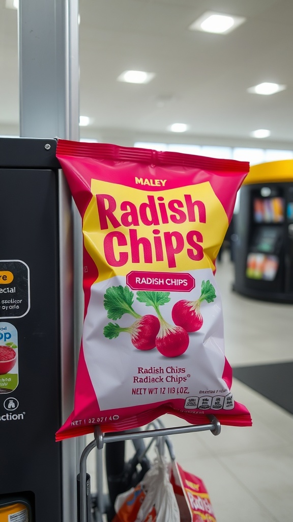 A bag of Radish Chips displayed at a gas station.