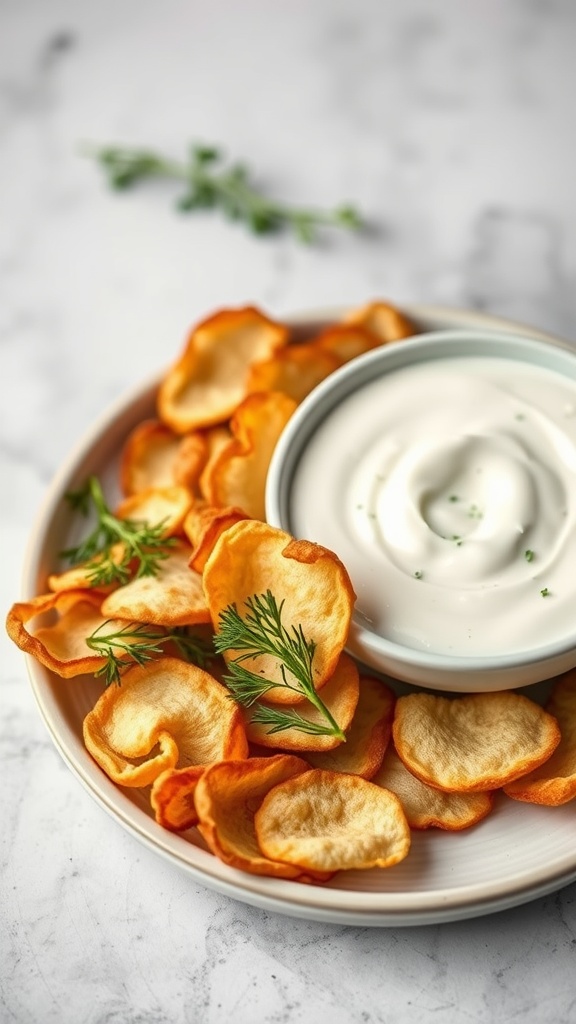 A plate of crispy radish chips with a creamy dill dip garnished with fresh dill.