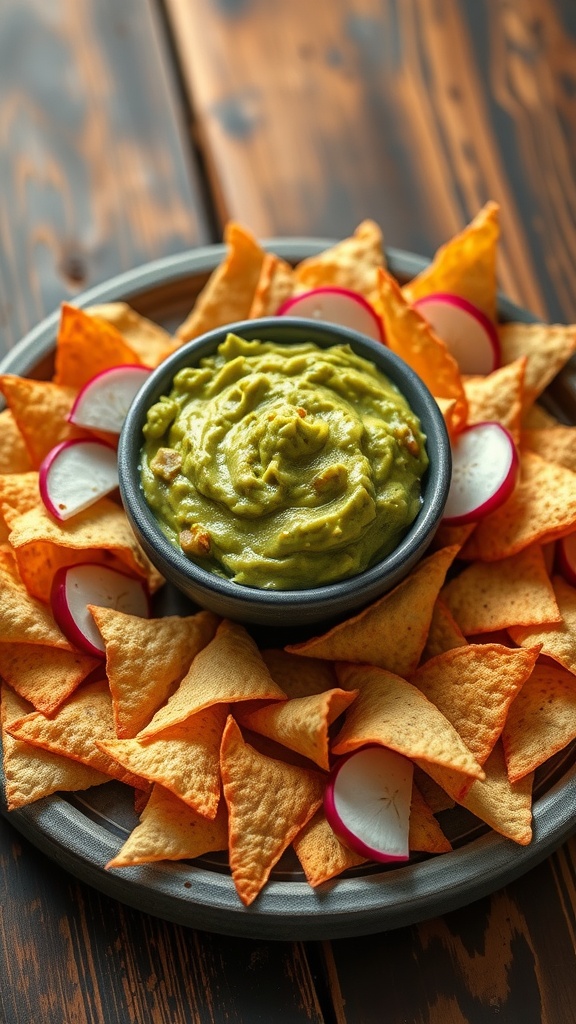 A plate of radish chips surrounding a bowl of creamy guacamole.