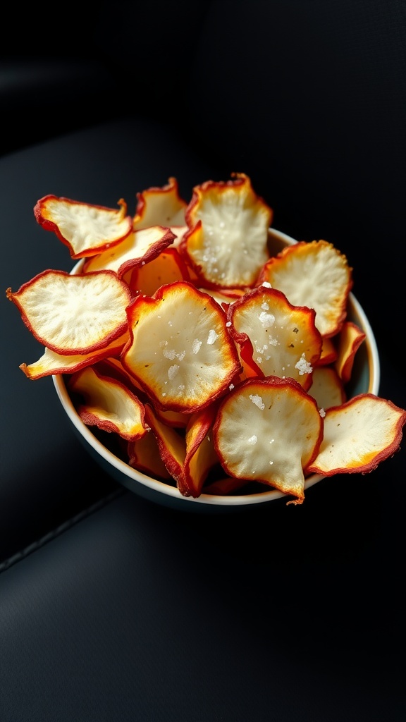 A bowl filled with radish chips sprinkled with sea salt.