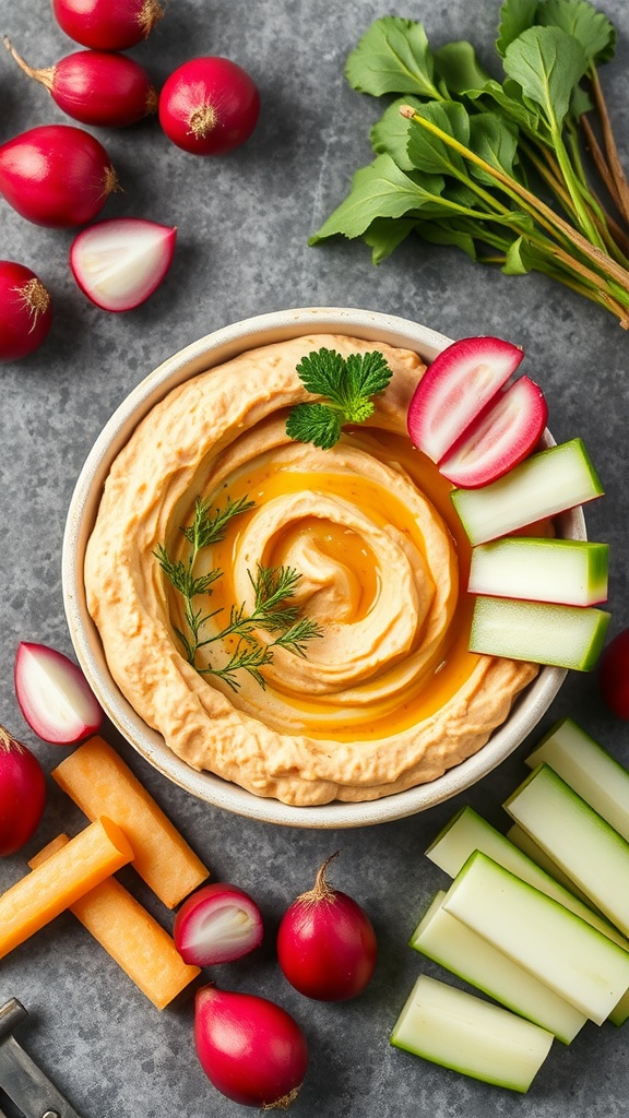 A bowl of radish hummus surrounded by veggie sticks and fresh radishes.