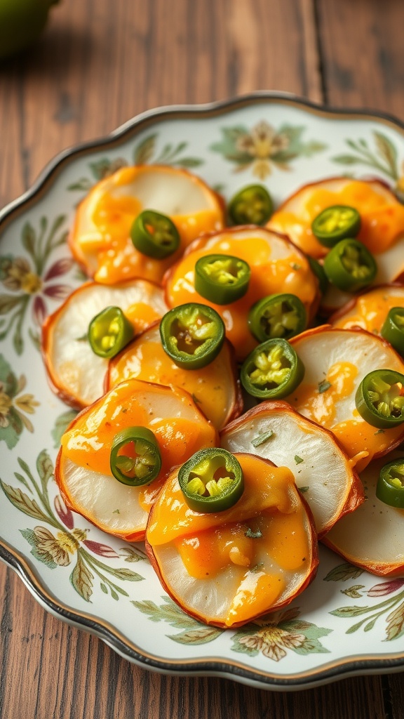 A plate of radish nachos topped with melted cheese and jalapeños.