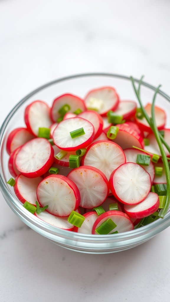 A bowl of sliced radishes and green onions.