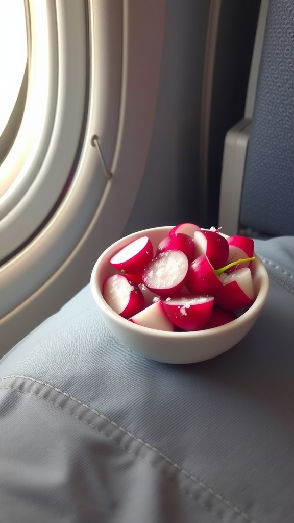 A bowl of red and white radishes sprinkled with sea salt on an airplane seat.