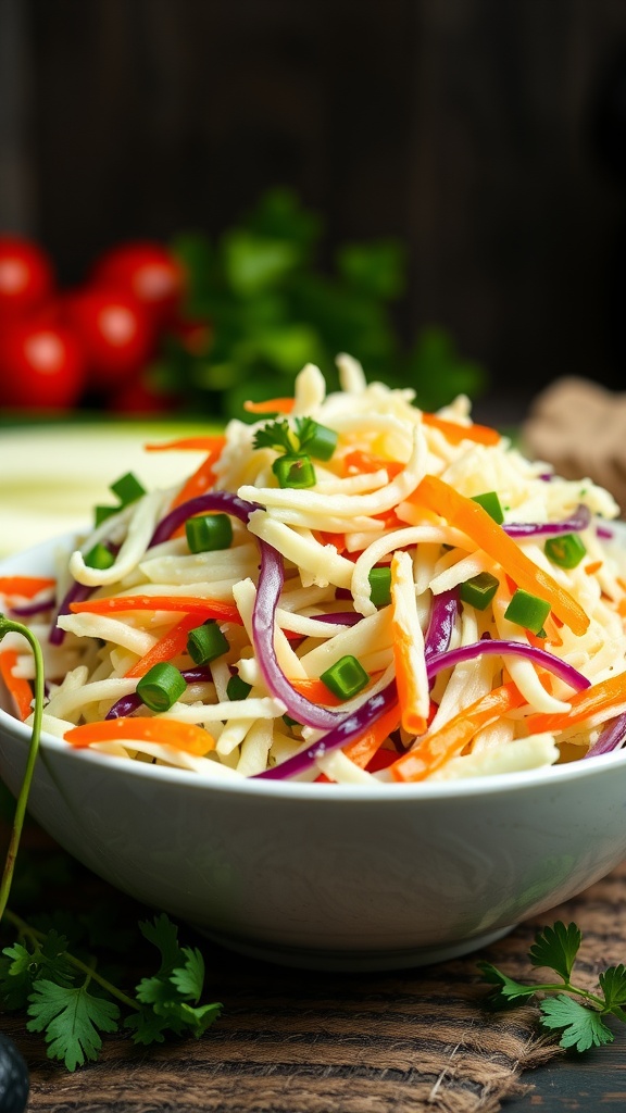 A bowl of ranch-style cabbage slaw with colorful shredded cabbage and carrots.