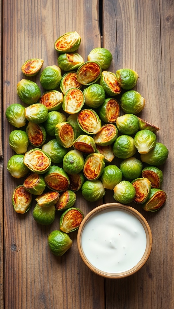 A pile of roasted Brussels sprouts beside a bowl of ranch dip on a wooden surface.