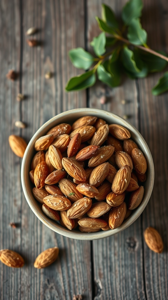 A bowl of ranch seasoned almonds on a wooden surface.