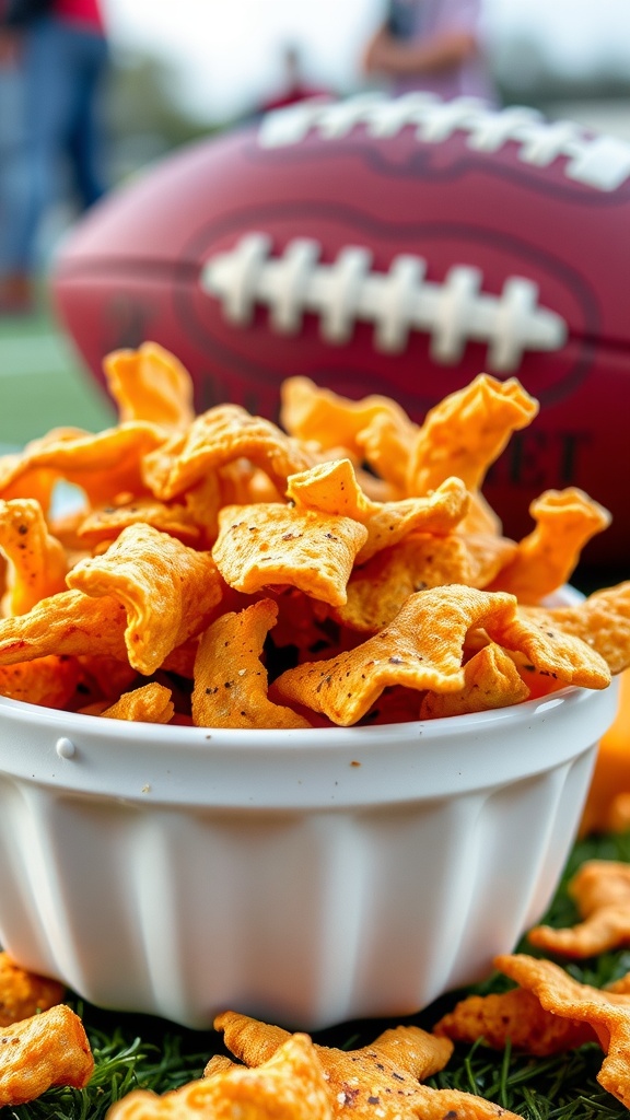 A bowl of ranch seasoned pork rinds with a football in the background