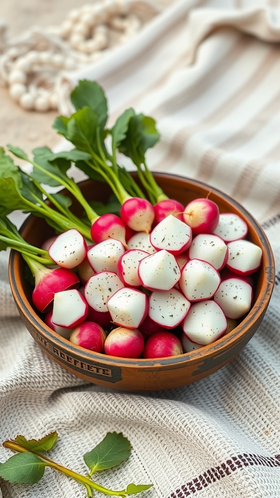 A bowl of radishes seasoned with ranch dressing.