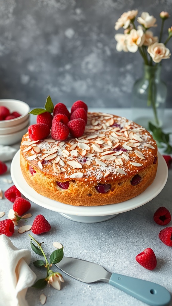 A raspberry almond cake topped with fresh raspberries and slivered almonds, surrounded by more raspberries and a small knife.