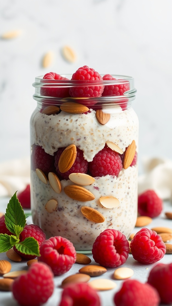 A jar of raspberry almond overnight oats with fresh raspberries and almonds on top.