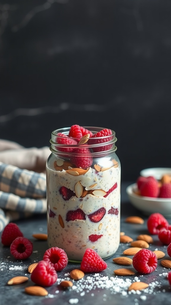 A jar of raspberry almond overnight oats topped with fresh raspberries and almonds.