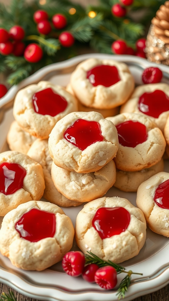 A plate of raspberry almond thumbprint cookies with red jam centers and fresh raspberries.