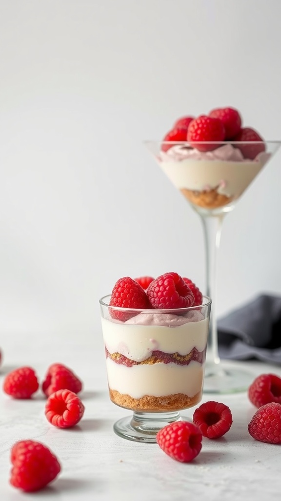 Two raspberry cheesecake parfaits topped with fresh raspberries, surrounded by scattered raspberries on a table.