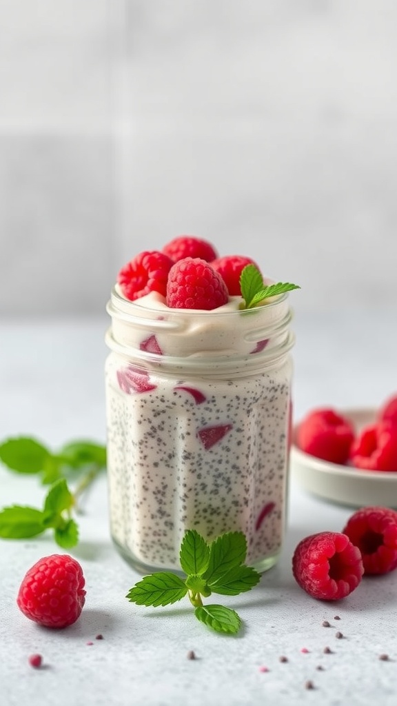 A jar of raspberry chia seed pudding topped with fresh raspberries and mint leaves