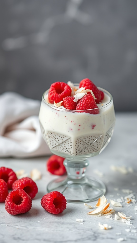 A glass of raspberry coconut chia pudding topped with fresh raspberries and shredded coconut.