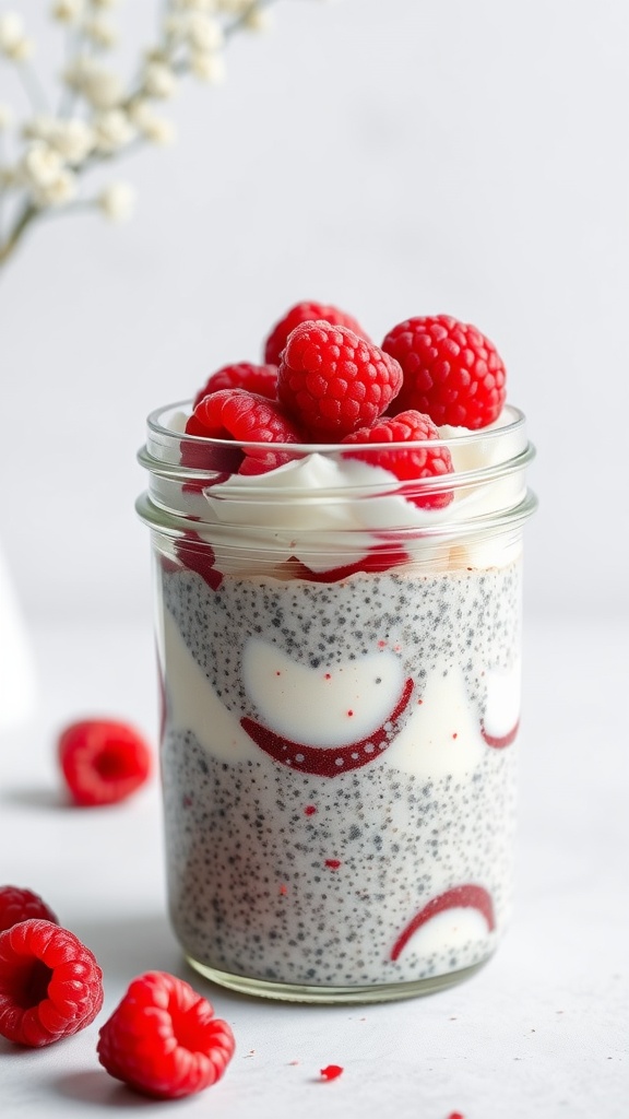 A jar of raspberry coconut chia pudding topped with fresh raspberries.