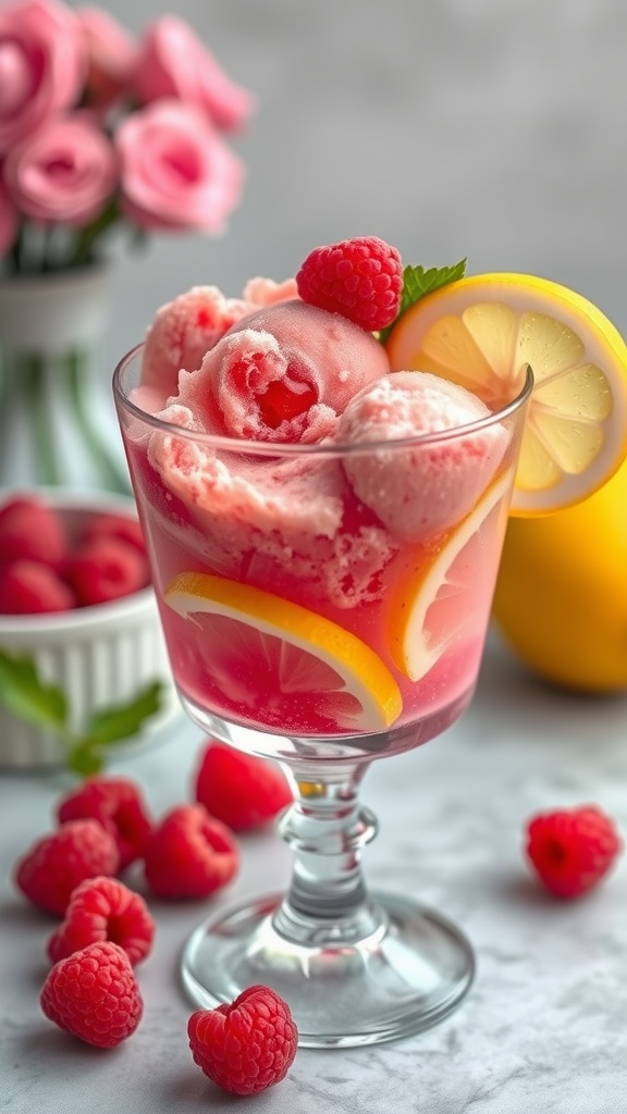 A glass of raspberry lemon sorbet with raspberries and lemon slices garnishing the top.